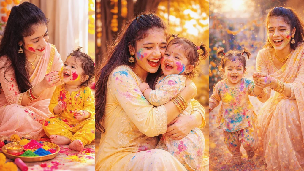 Best holi prompt for mother and baby girl