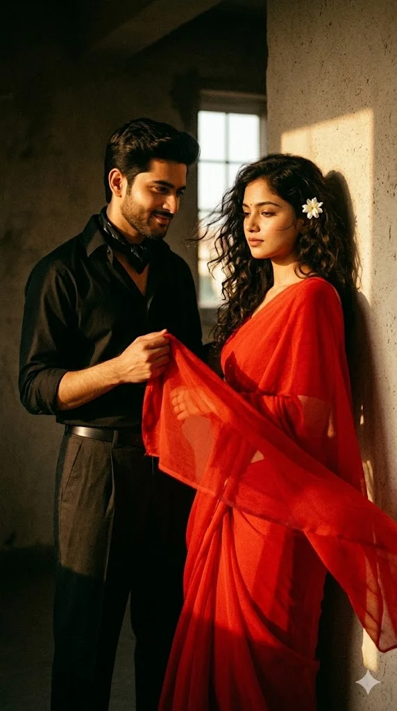 he will be holding my saree pallu in his hand, dressed in a retro style