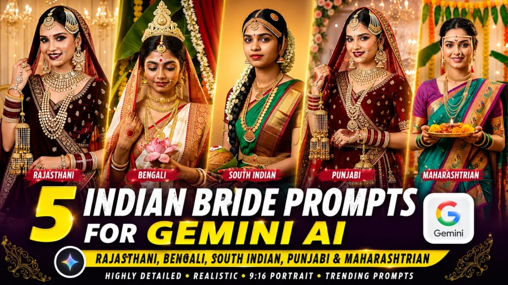 bride prompt for Rajasthani, Bengali, South Indian, Punjabi, Maharashtrian