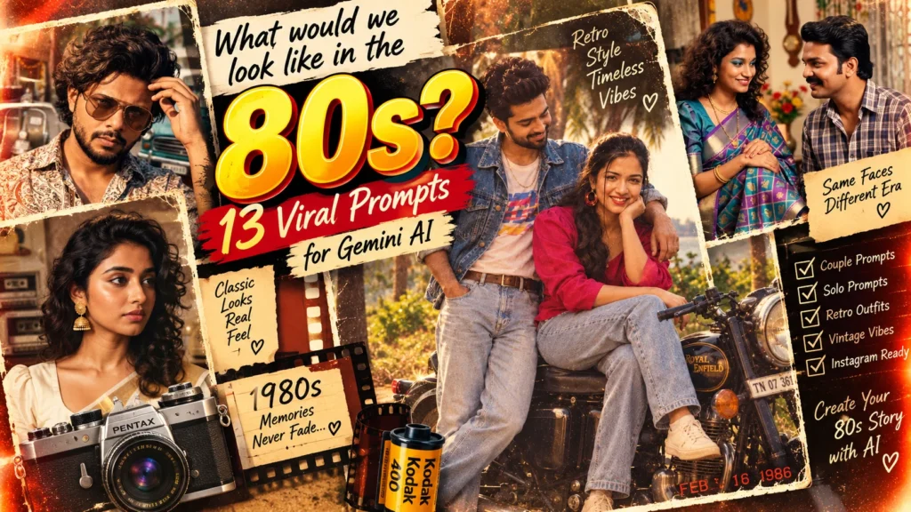 80s prompt for Gemini showing an AI-generated vintage 1980s Indian couple photo