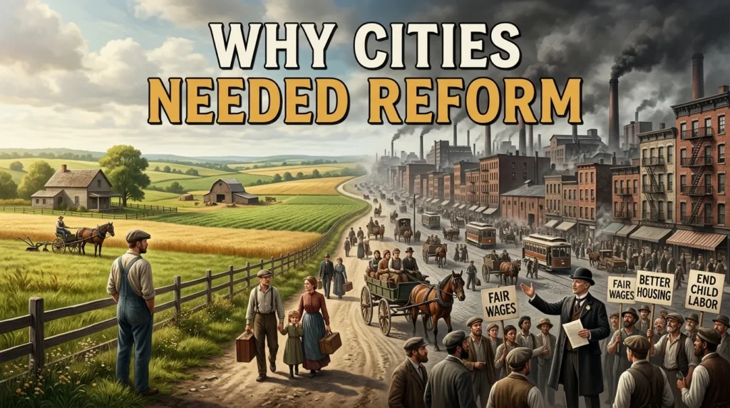 how did migration from farms to cities encourage the growth of reform movements? political machines were more active on farms than in cities. overcrowded, congested cities were in greater need of reform. urban workers were less likely to read and write than farm laborers. american farmers feared losing their farms if they joined reform movements.